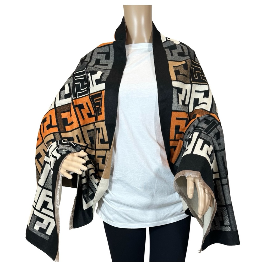 Source Unknown F Poncho Scarf Orange Black Multi OS - Picture 7 of 13